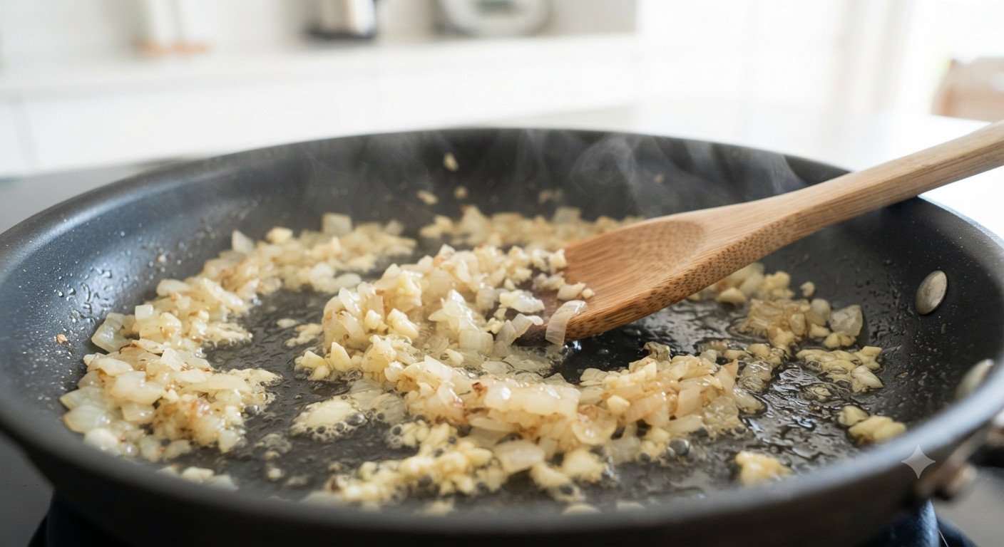 Cebolla y ajo sofriéndose en una sartén