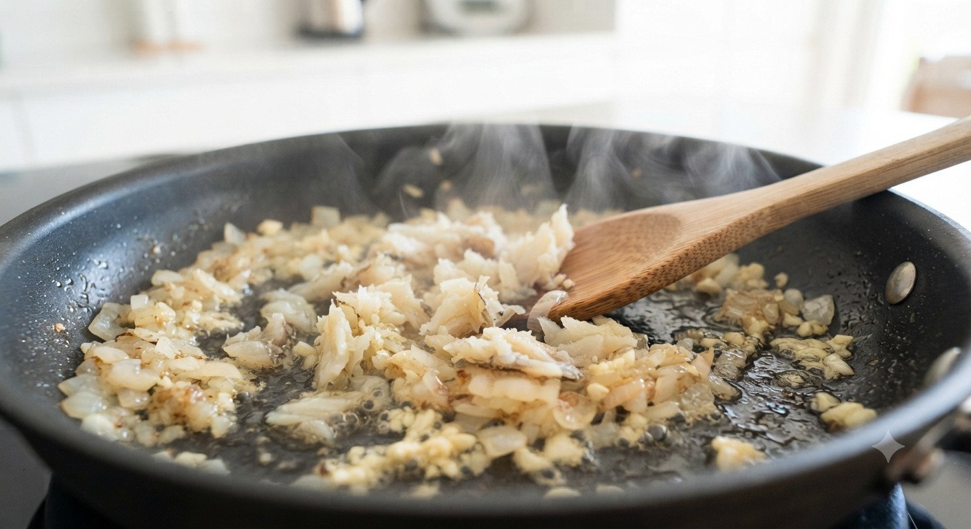 Bacalao desmigado añadido al sofrito de cebolla y ajo