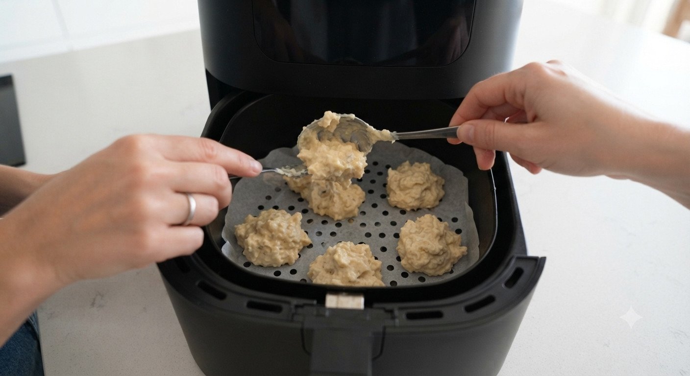 Porciones de masa de buñuelos colocadas en la cesta de la freidora de aire