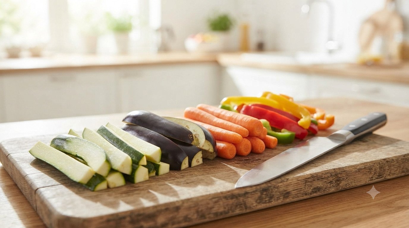 Verduras variadas cortadas en bastones sobre tabla de madera