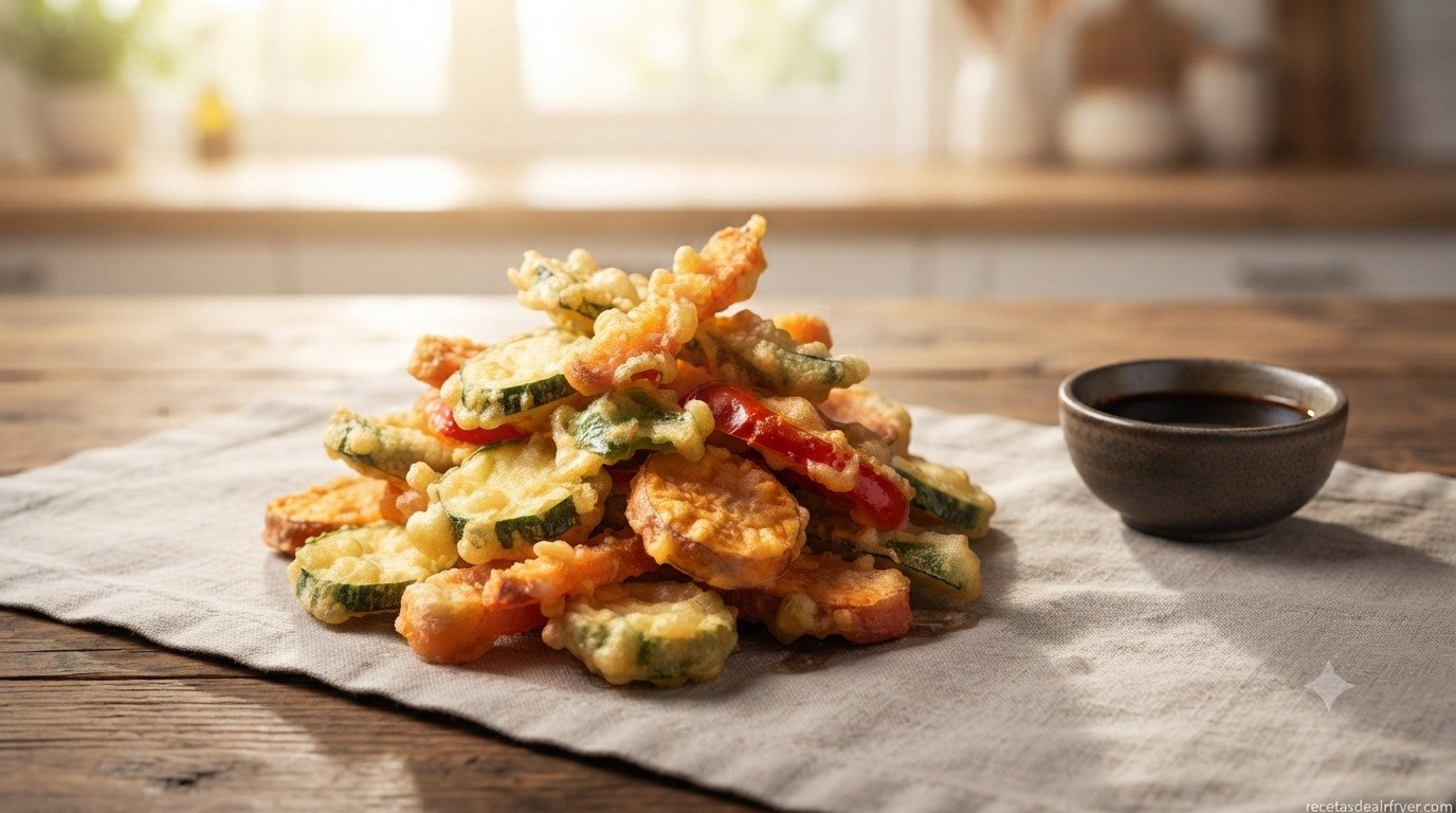Tempura de verduras dorada y crujiente lista para servir