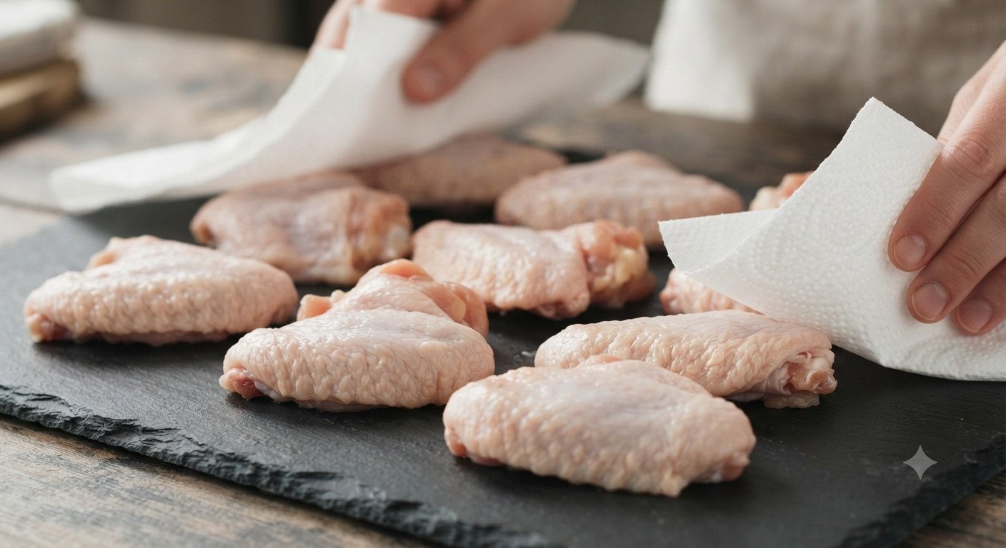 Alitas de pollo secándose con papel de cocina