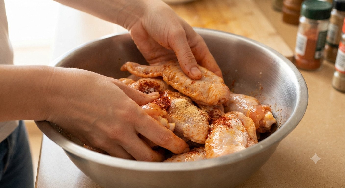 Alitas de pollo sazonadas en un bol