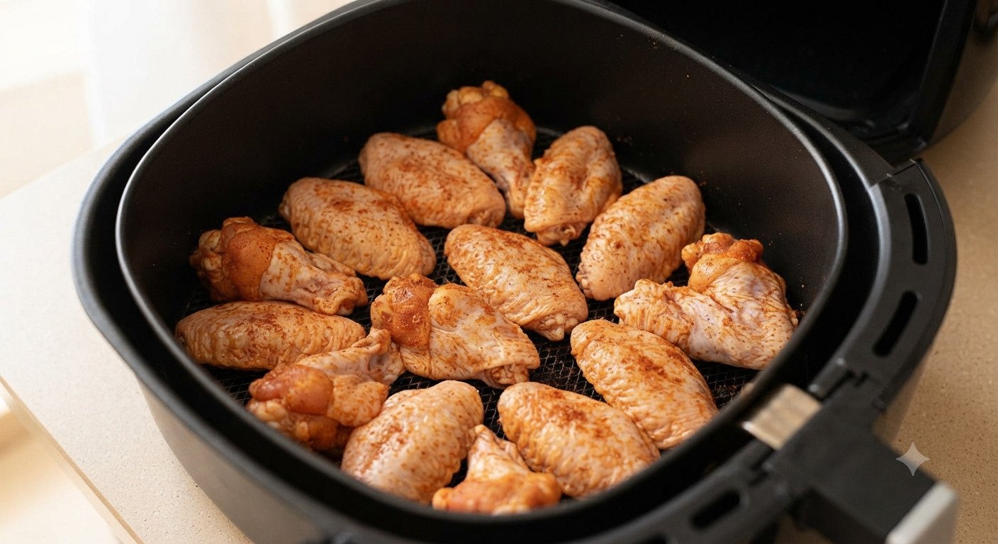 Alitas de pollo en la cesta de la freidora de aire