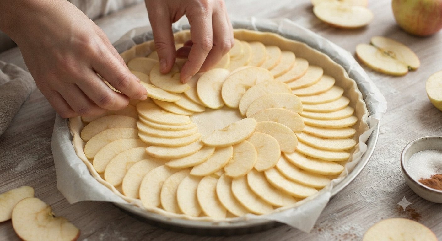 Láminas de manzana colocadas sobre el hojaldre