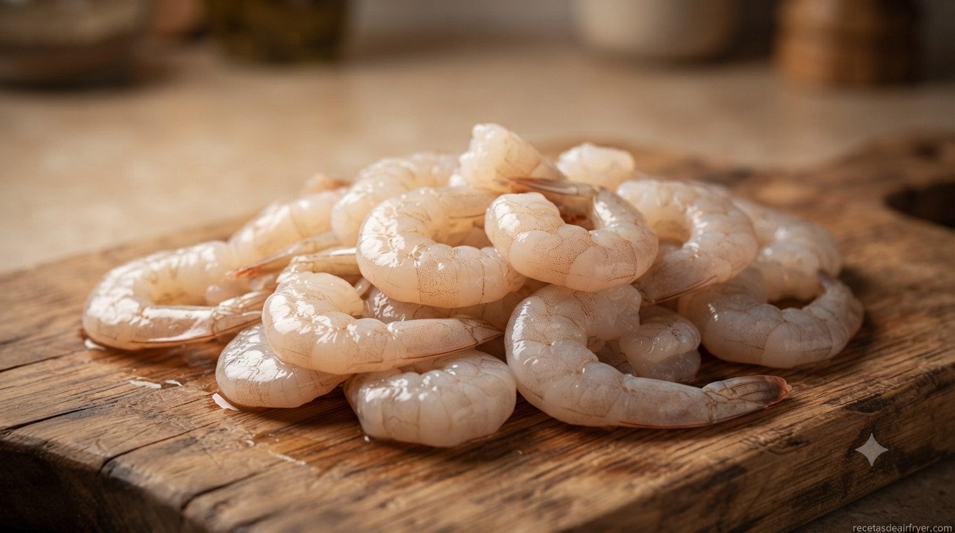 Gambas peladas y limpias sobre una tabla