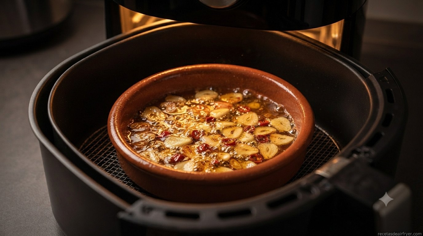 Ajo dorándose en cazuela dentro de la freidora de aire