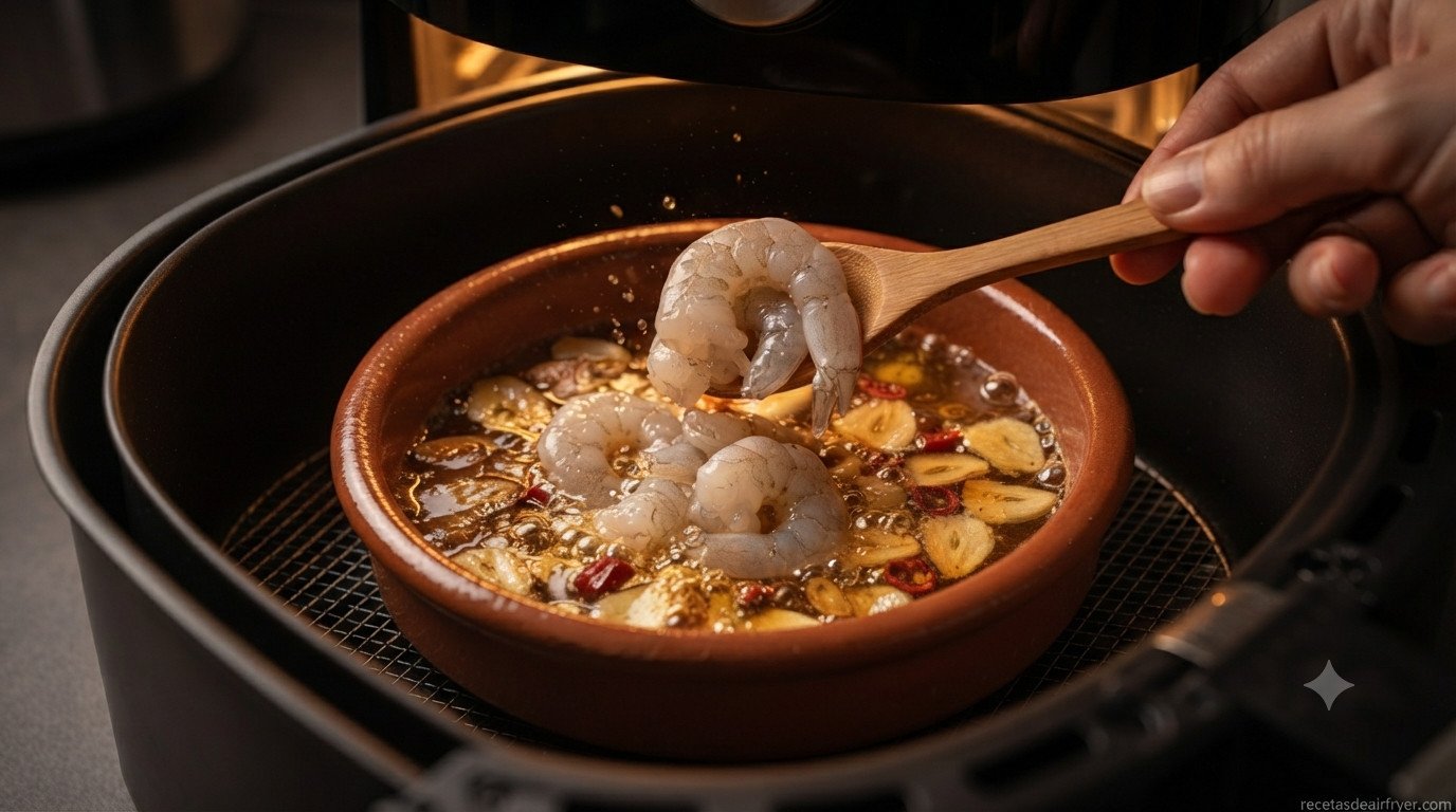 Gambas añadidas a la cazuela con aceite de ajo