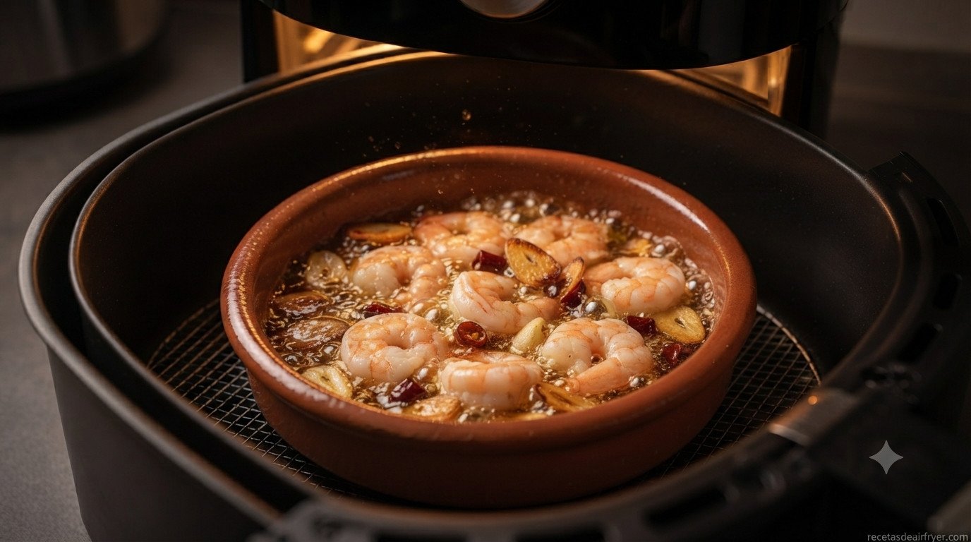 Gambas cocinándose en la cazuela dentro de la freidora