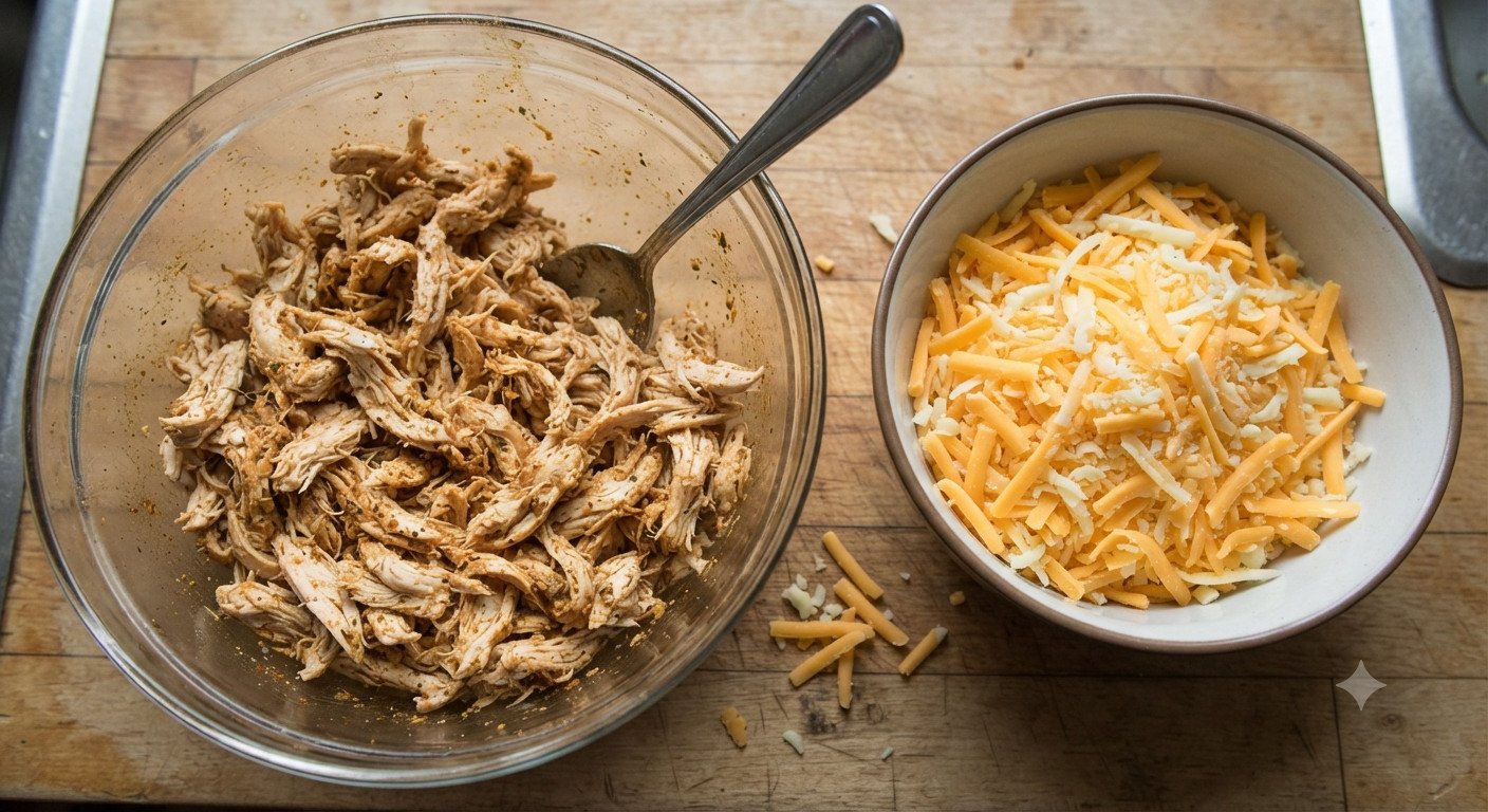 Pollo desmenuzado y queso rallado en un bol