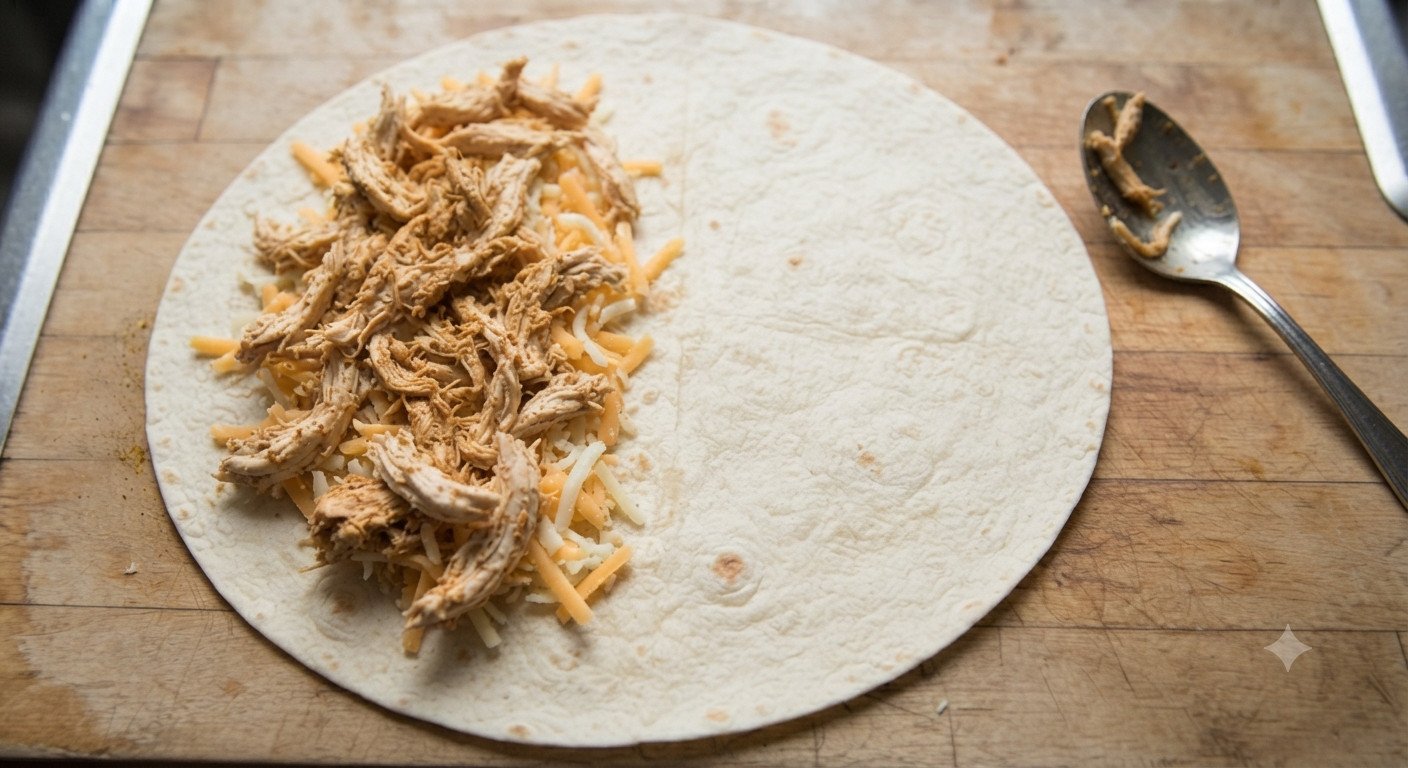 Tortilla con pollo y queso repartidos sobre una mitad