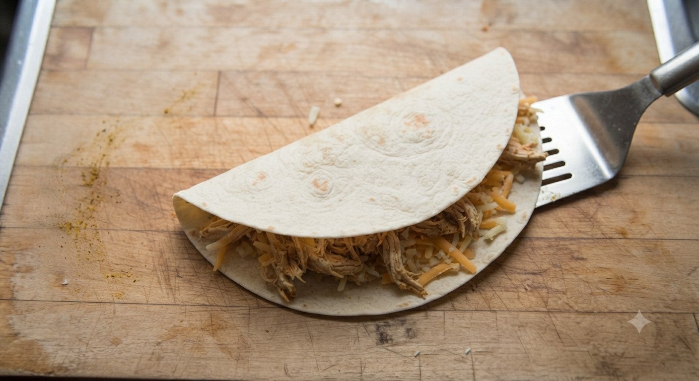 Tortilla doblada en media luna sobre una tabla