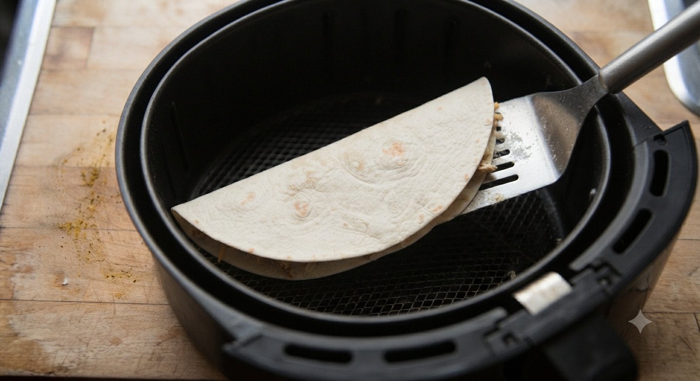 Quesadilla cruda dentro de la cesta de la freidora de aire