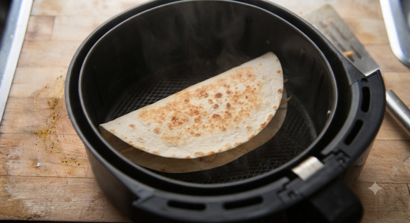 Quesadilla dorándose dentro de la freidora de aire