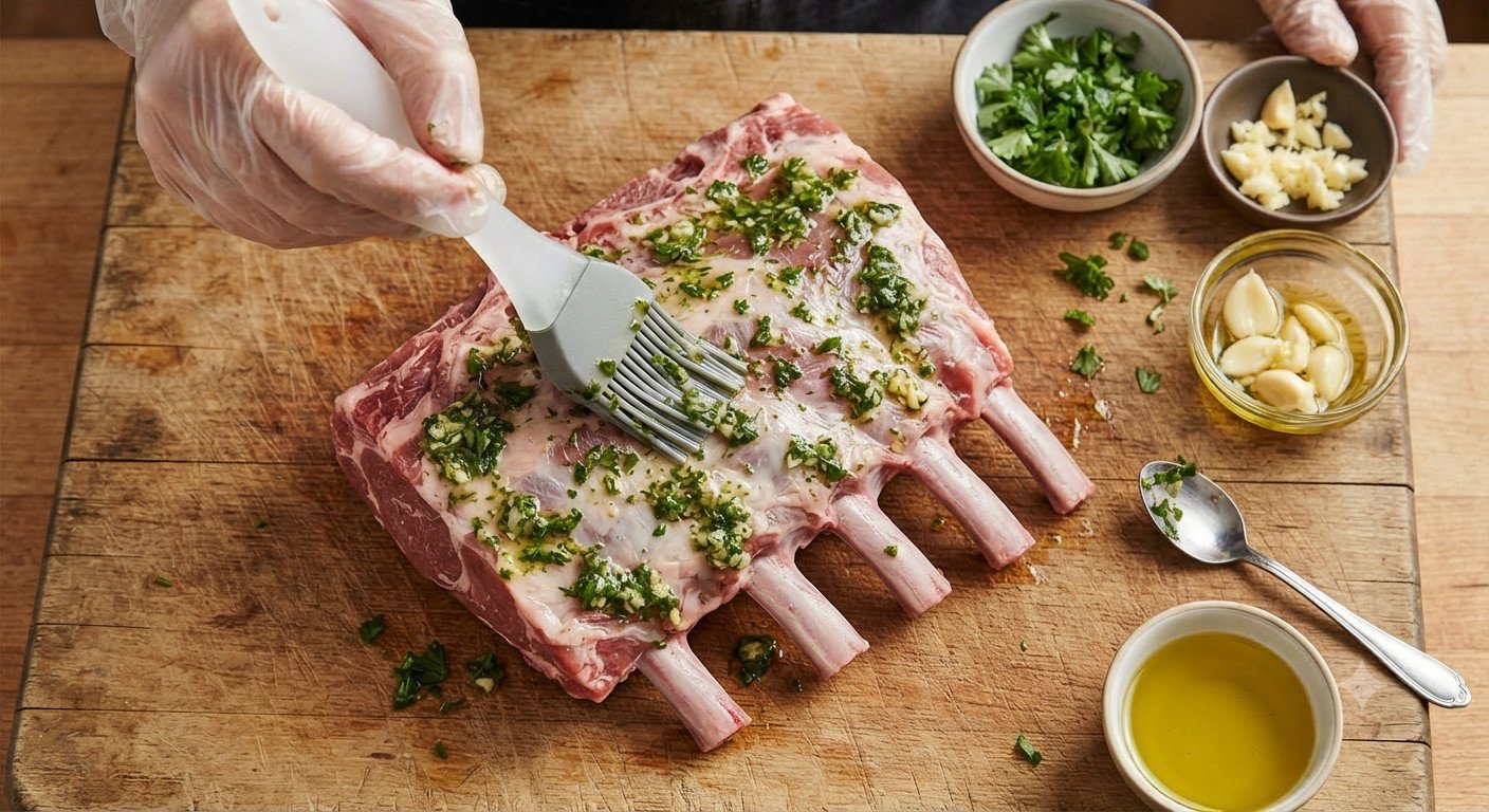 Costillar de cordero untado con adobo de hierbas y ajo