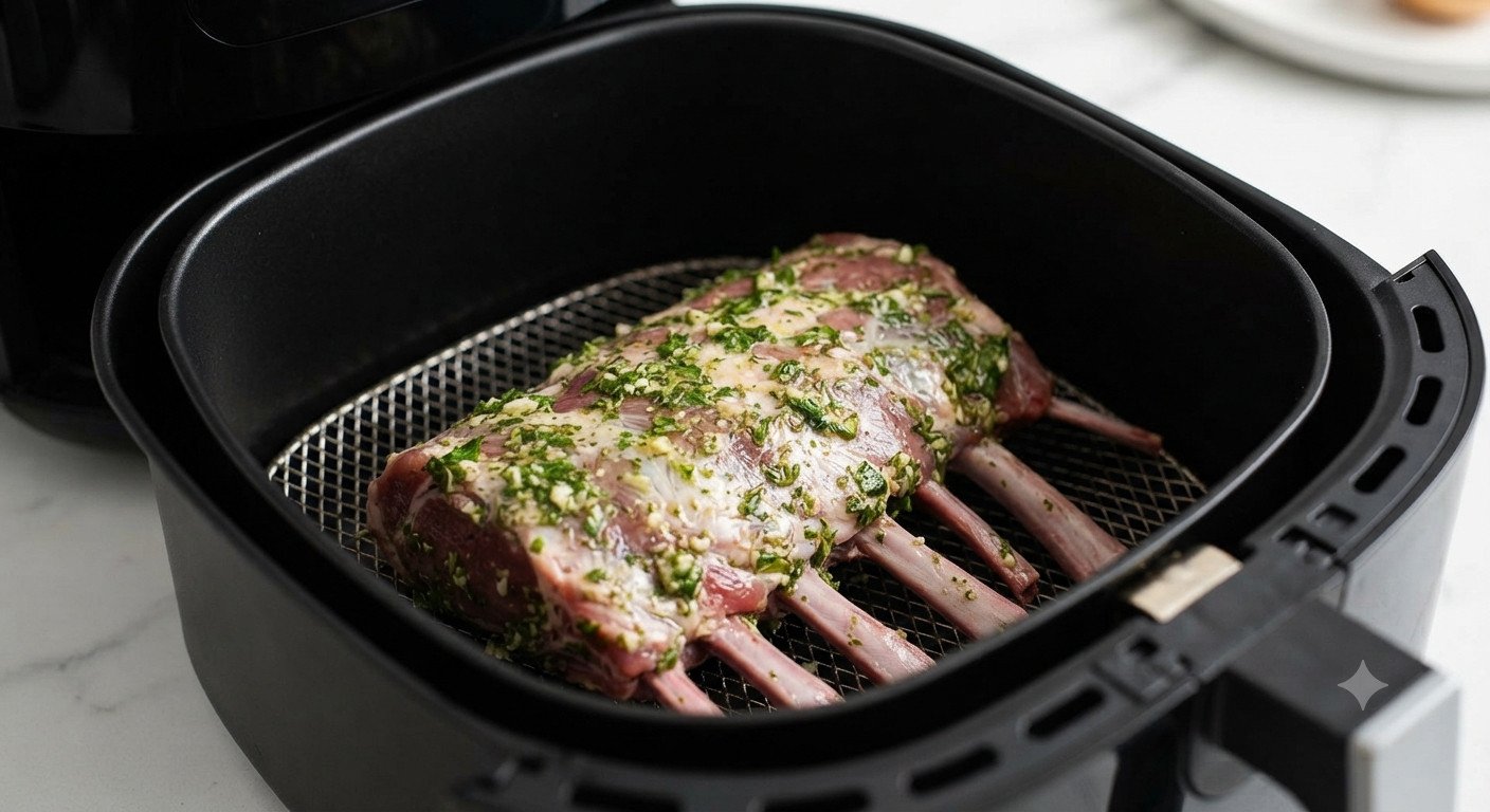 Costillar de cordero colocado en la cesta de la freidora de aire