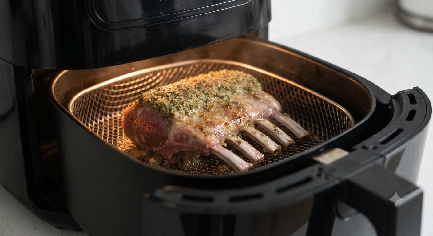 Costillar de cordero dorándose dentro de la freidora