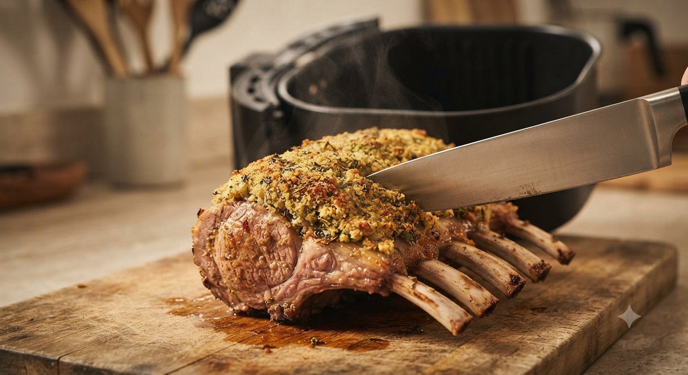 Costillar de cordero recién sacado de la freidora, reposando