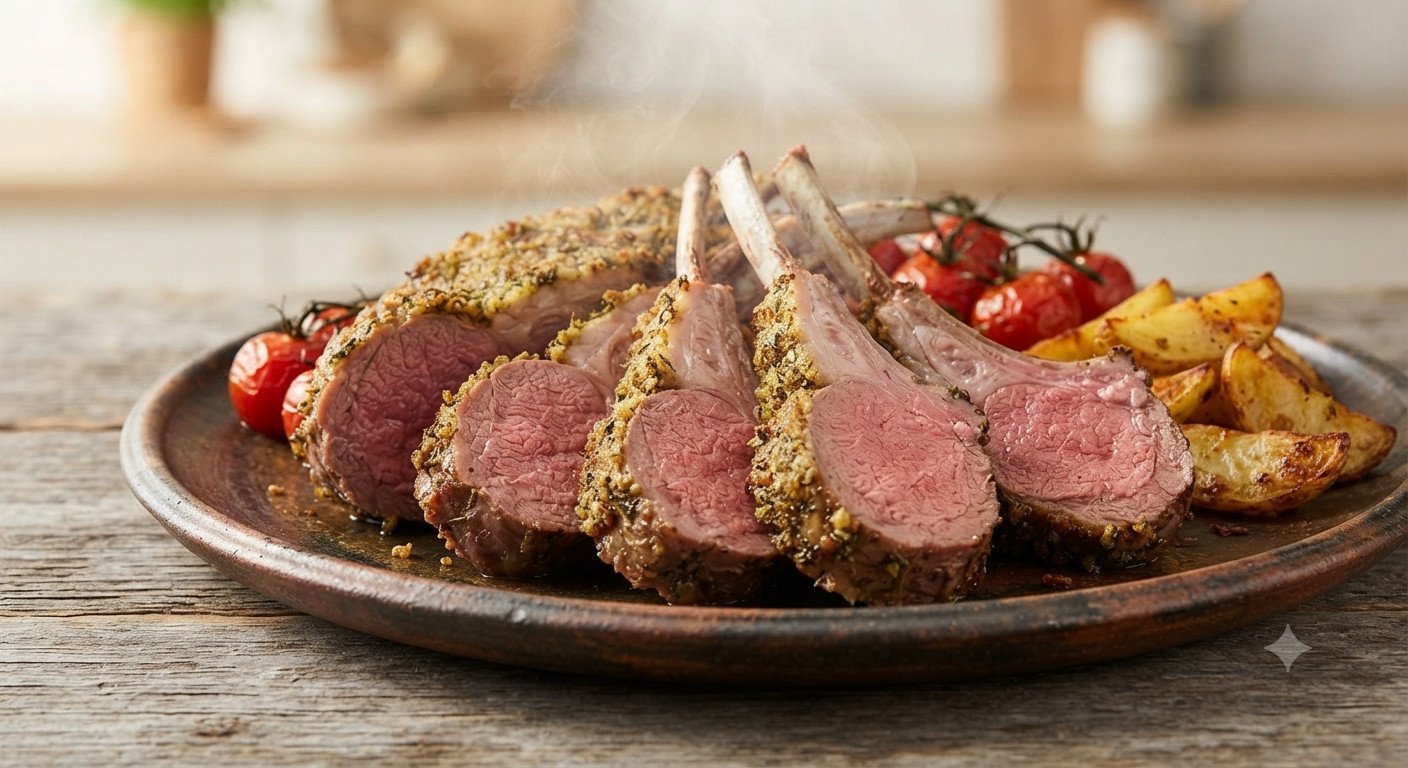 Costillar de cordero cortado en chuletas individuales servido