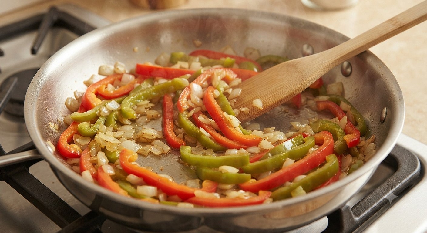 Cebolla y pimiento pochándose en una sartén