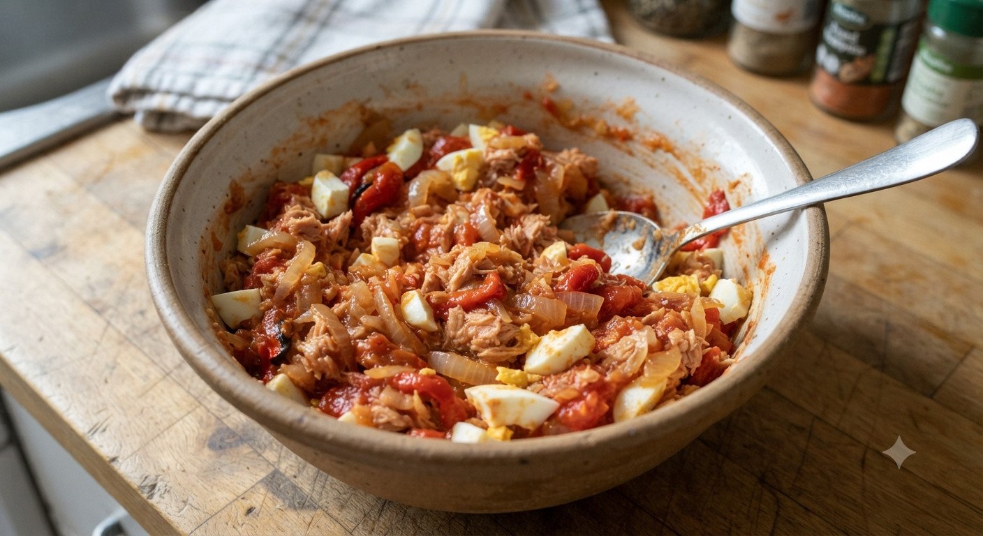Relleno de atún, cebolla, pimiento y huevo cocido en un bol