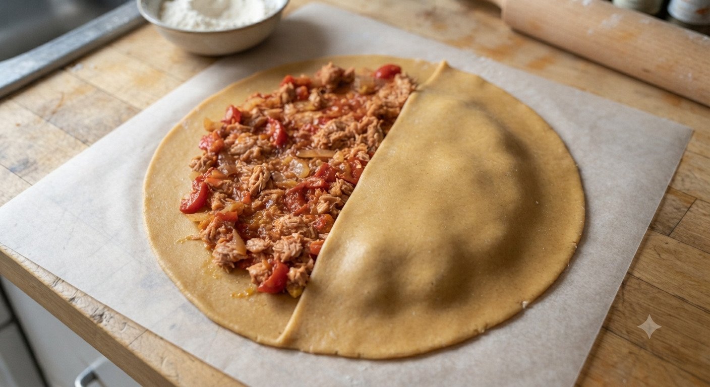 Masa de empanada extendida con el relleno repartido encima