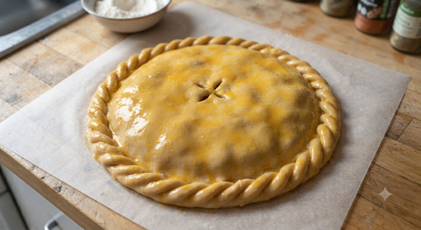 Empanada cerrada, sellada y pincelada con huevo batido