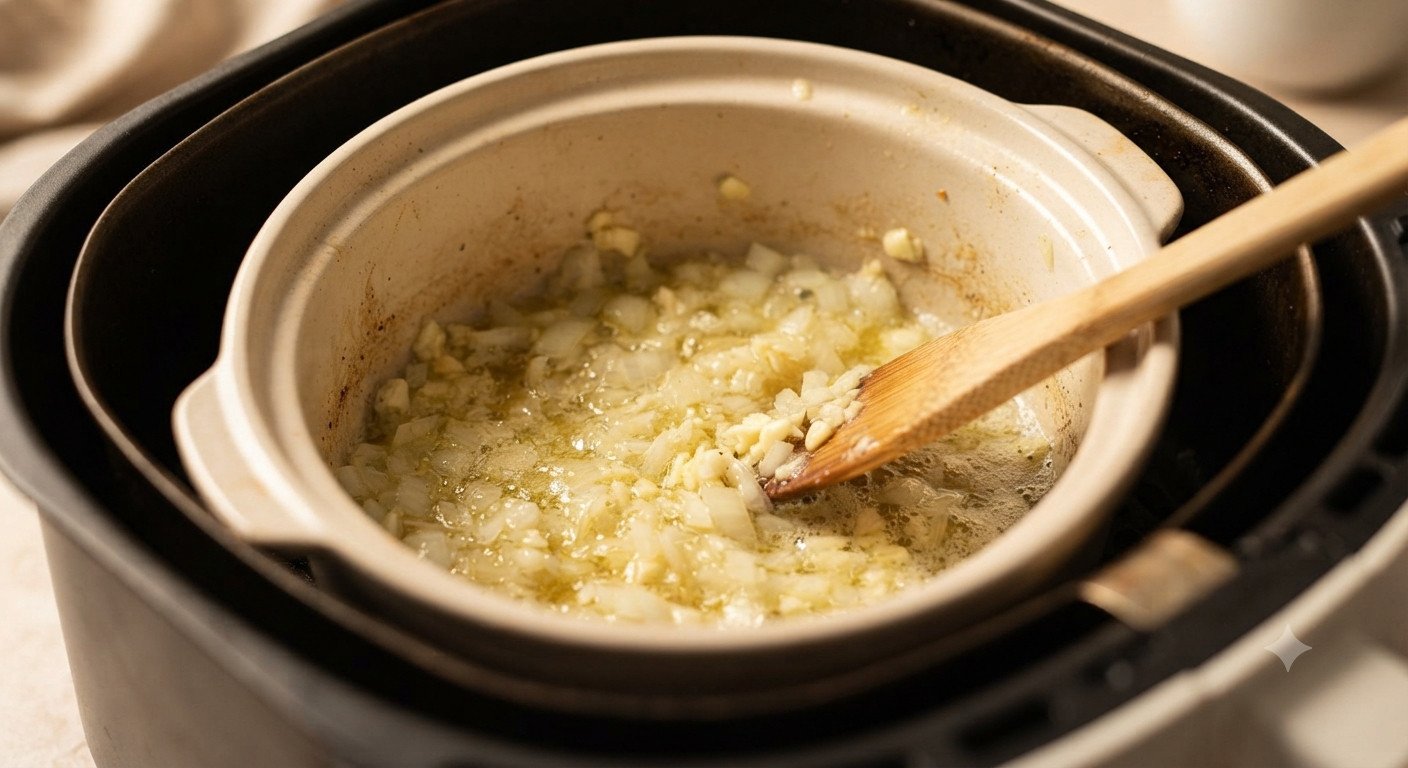 Cebolla y ajo sofriéndose con mantequilla en recipiente dentro de la freidora
