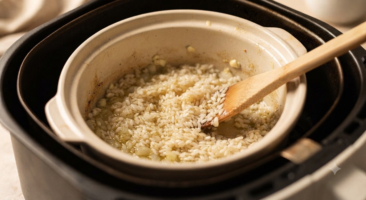 Arroz arborio añadido al recipiente siendo removido