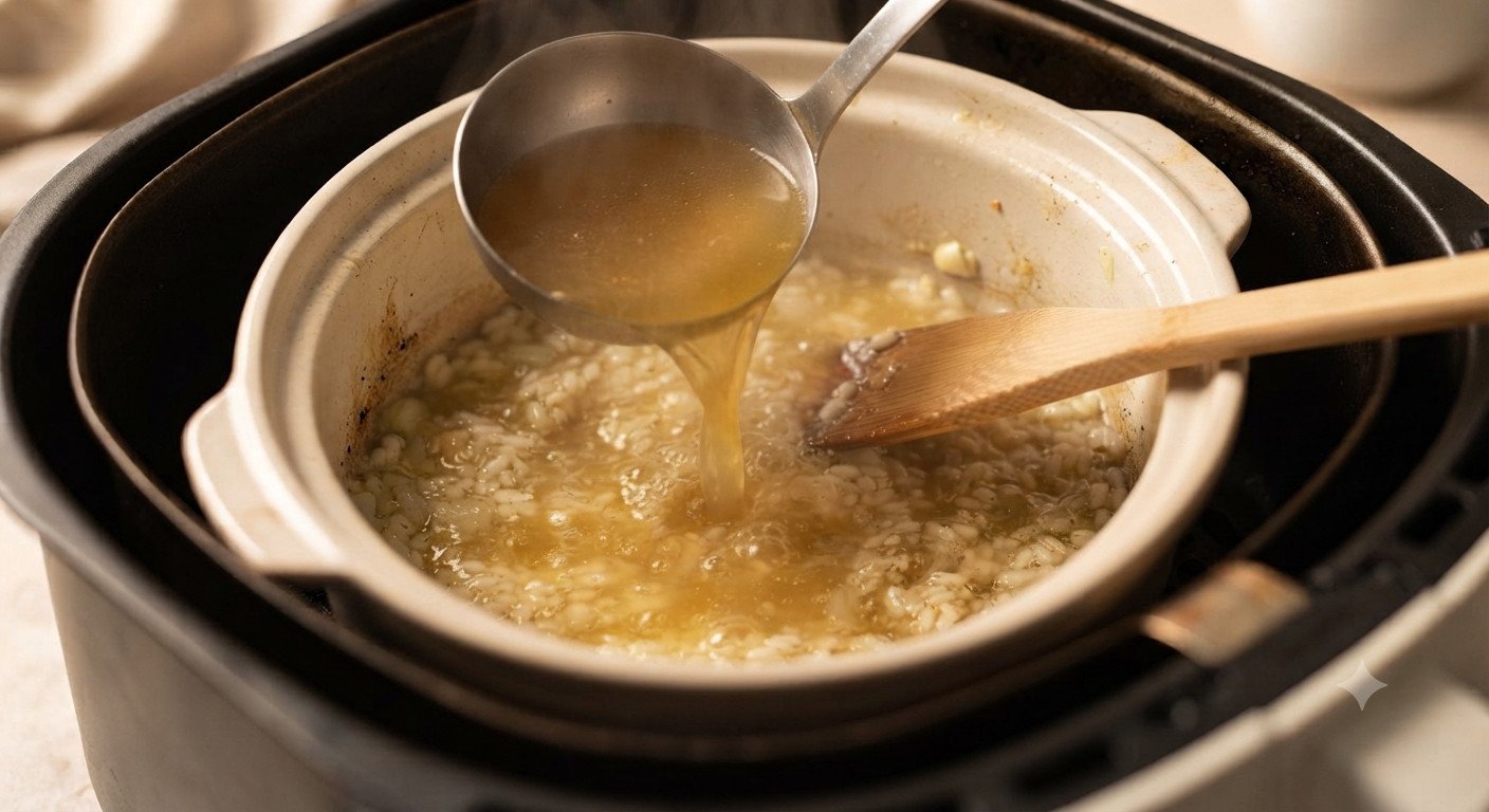 Caldo caliente siendo vertido sobre el arroz en el recipiente