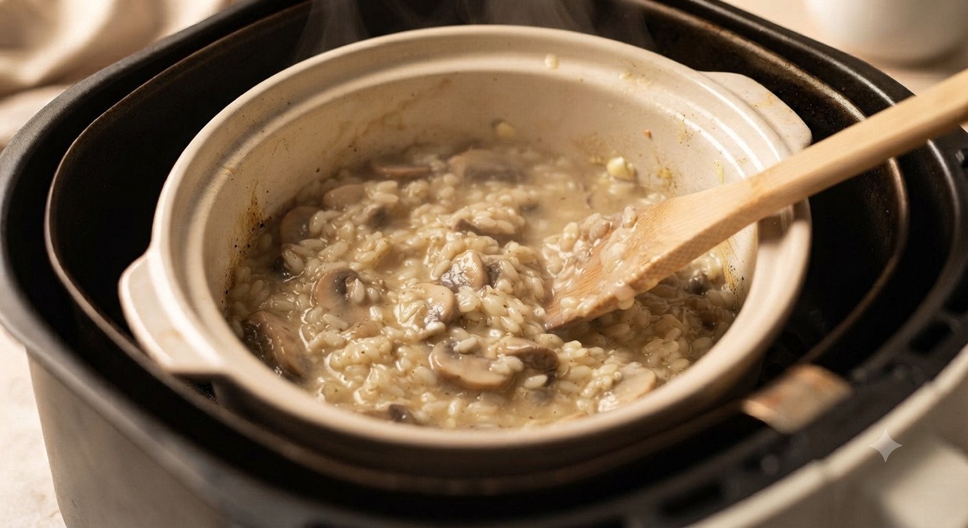 Risotto a mitad de cocción con champiñones incorporados