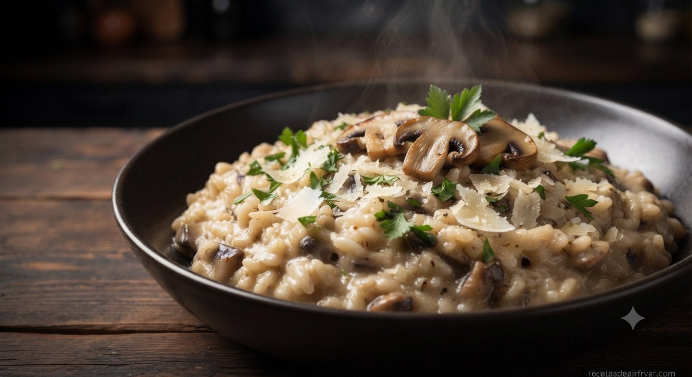 Risotto de champiñones terminado con parmesano y perejil