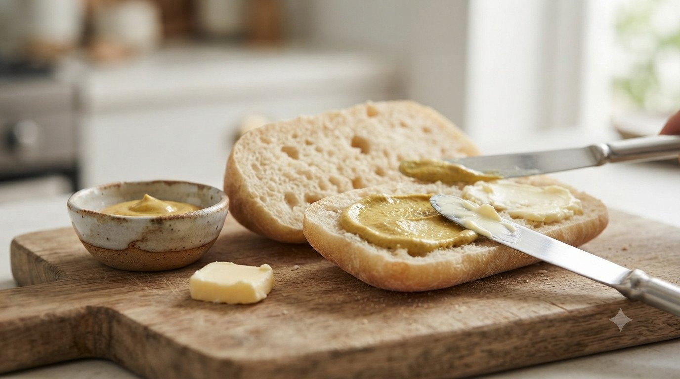 Pan tipo ciabatta untado con mostaza y mantequilla