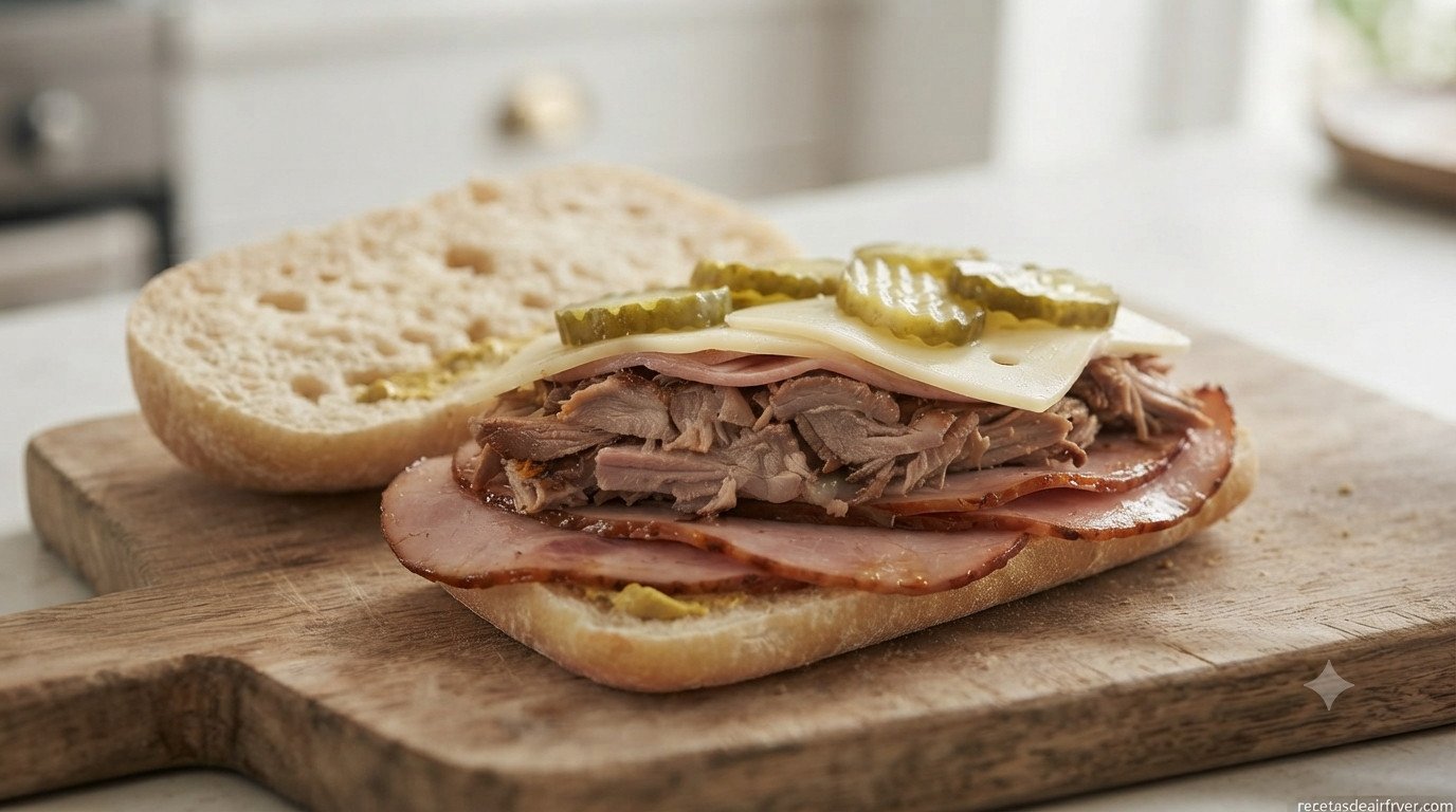 Capas de jamón, cerdo, queso y pepinillos sobre el pan