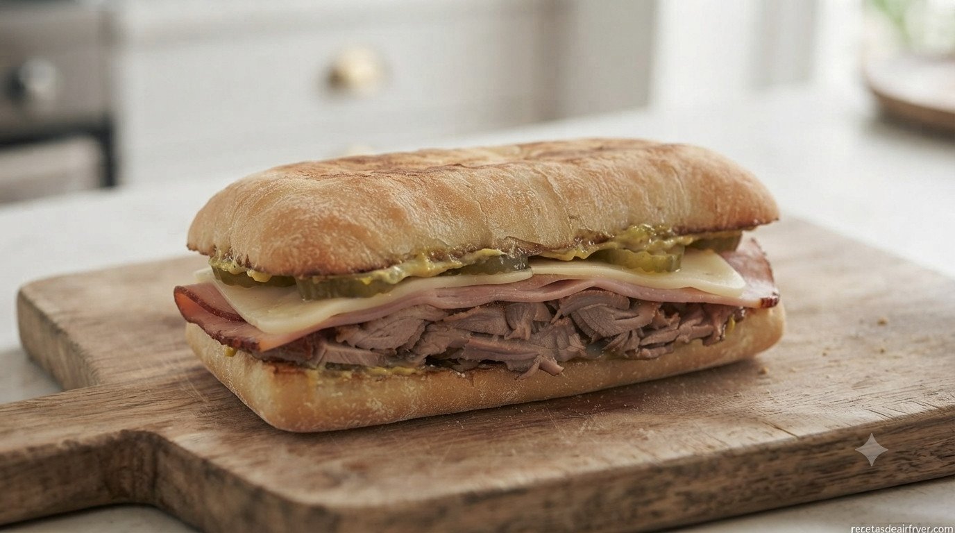 Sandwich cubano montado y cerrado sobre una tabla