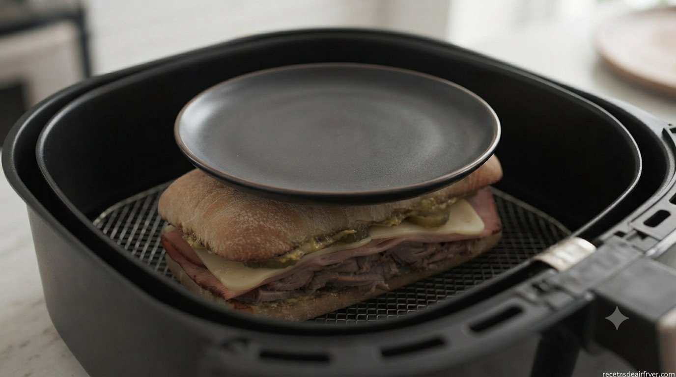Sandwich cubano en la cesta de la freidora con un peso encima