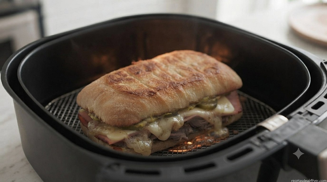 Sandwich cubano dorándose dentro de la freidora de aire