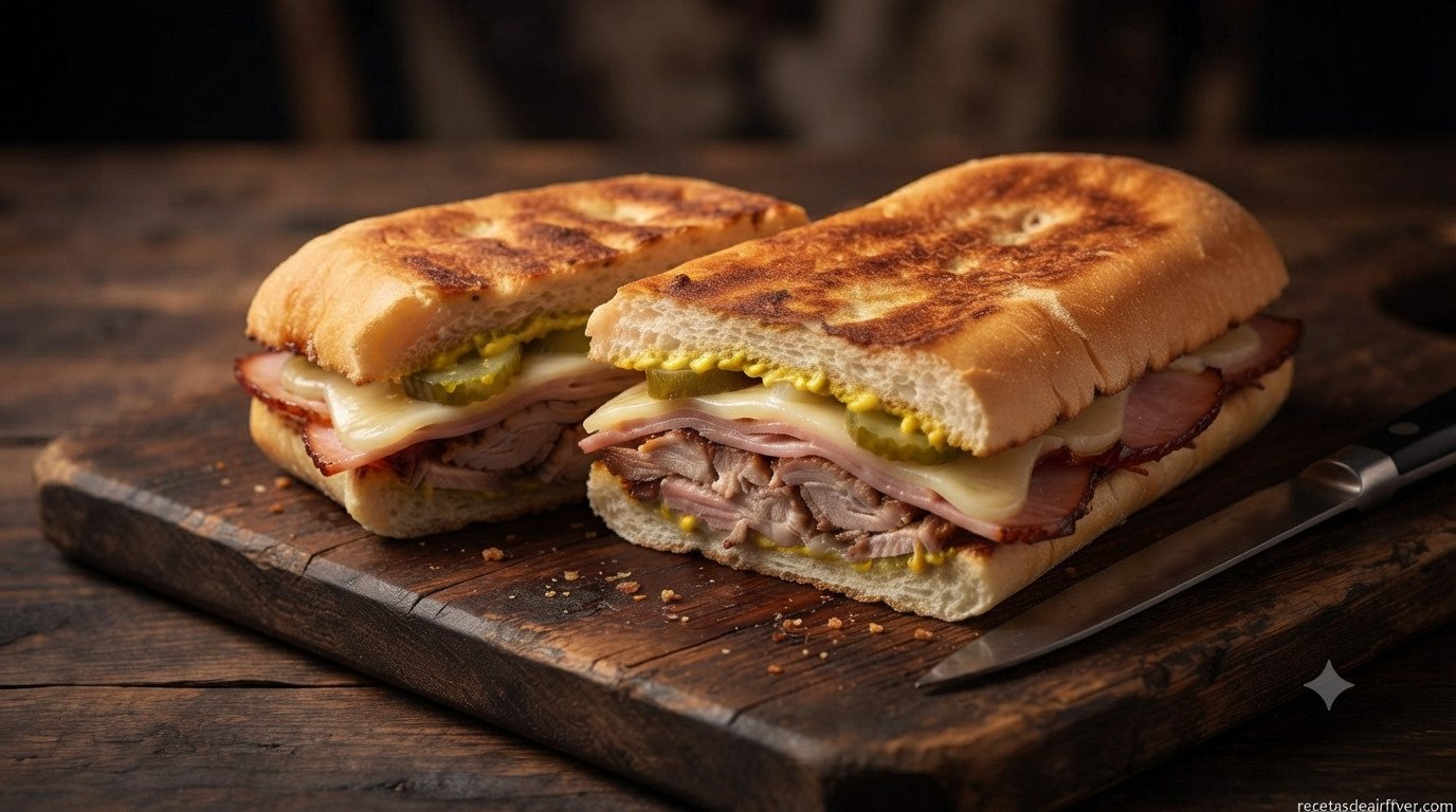 Sandwich cubano terminado, cortado por la mitad, listo para servir