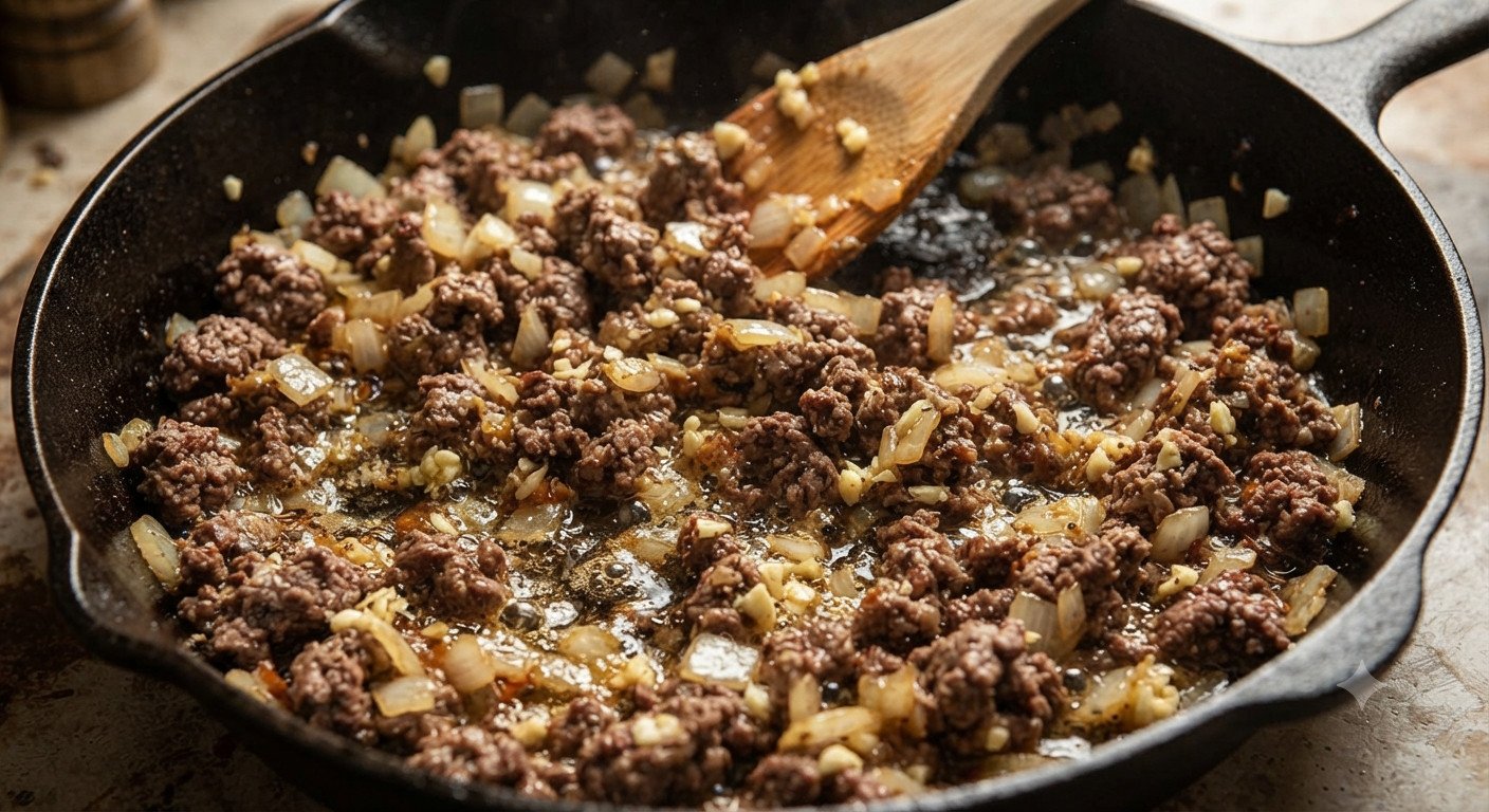 Carne picada, cebolla y ajo sofriéndose en una sartén
