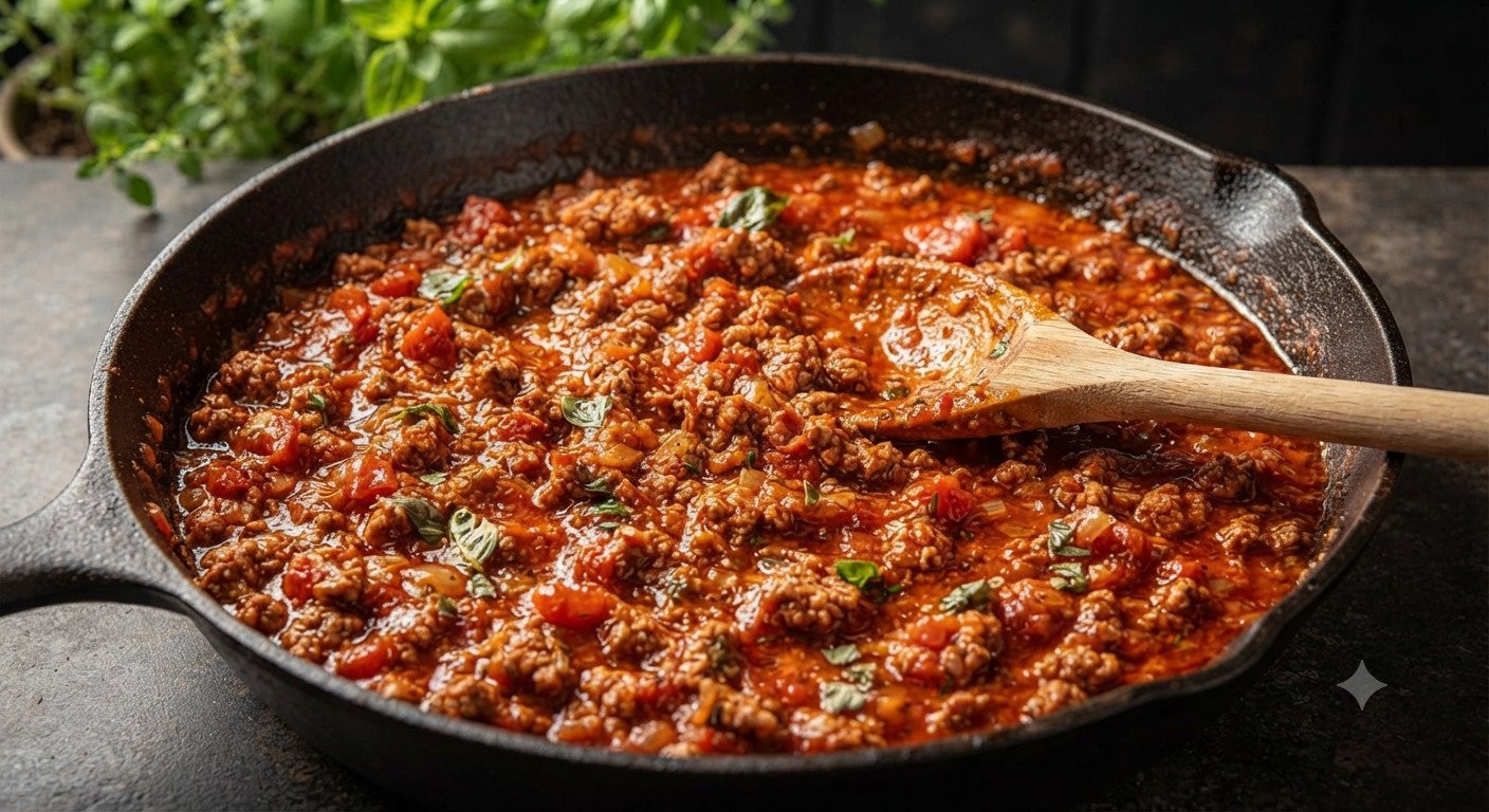 Salsa boloñesa terminada en una sartén
