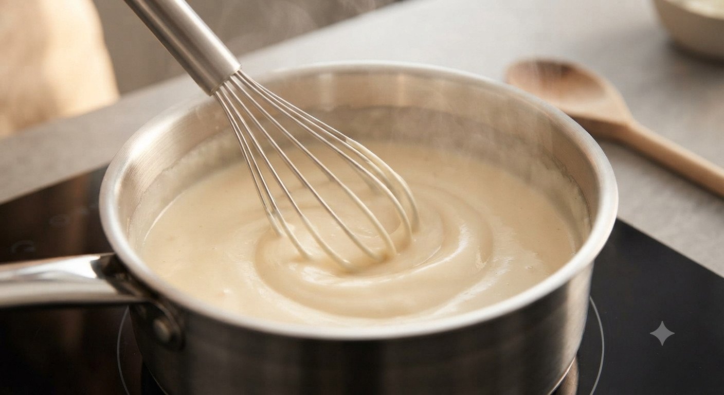 Bechamel siendo removida en un cazo con varillas