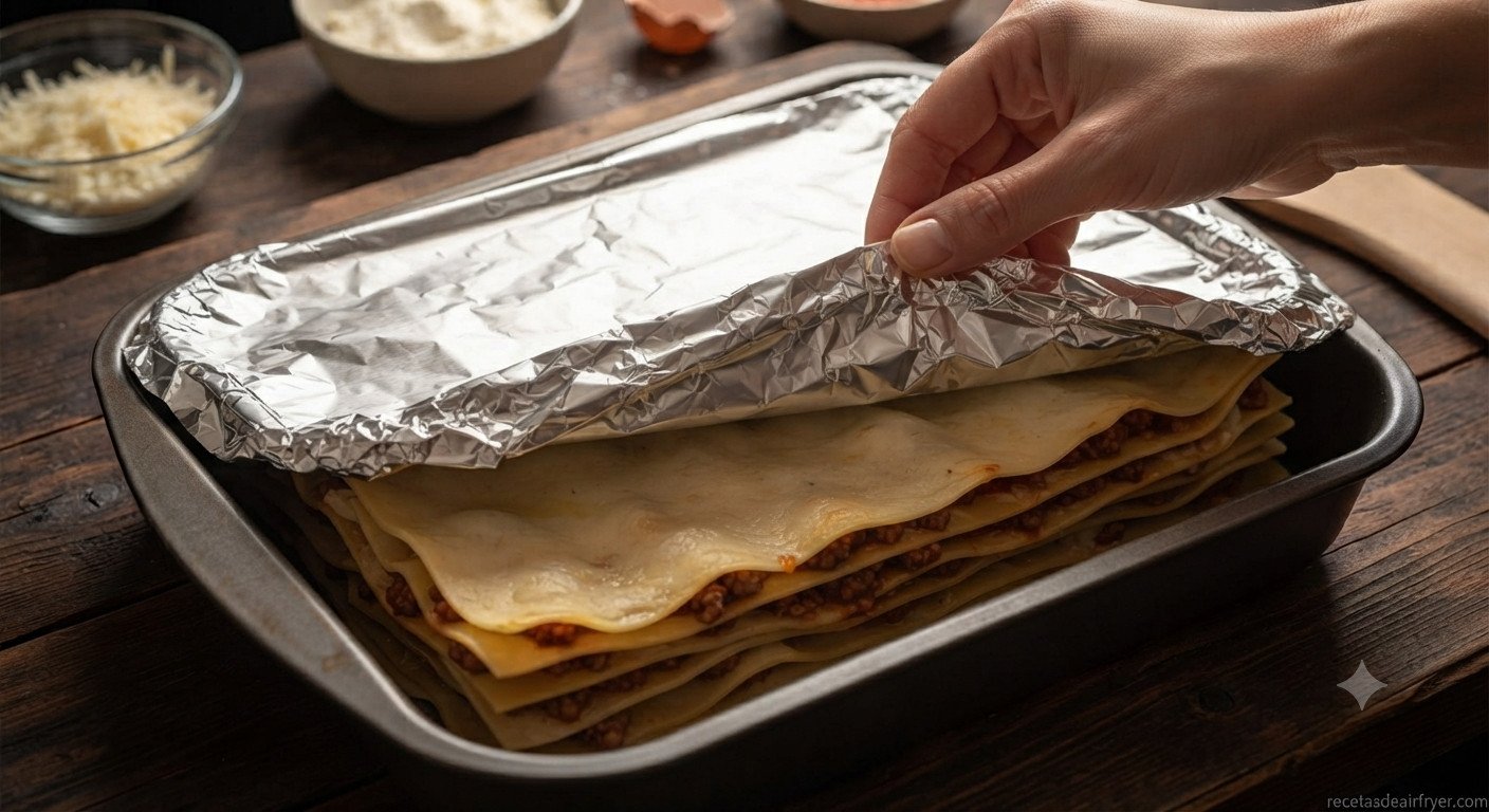 Molde con la lasaña cubierta con papel de aluminio