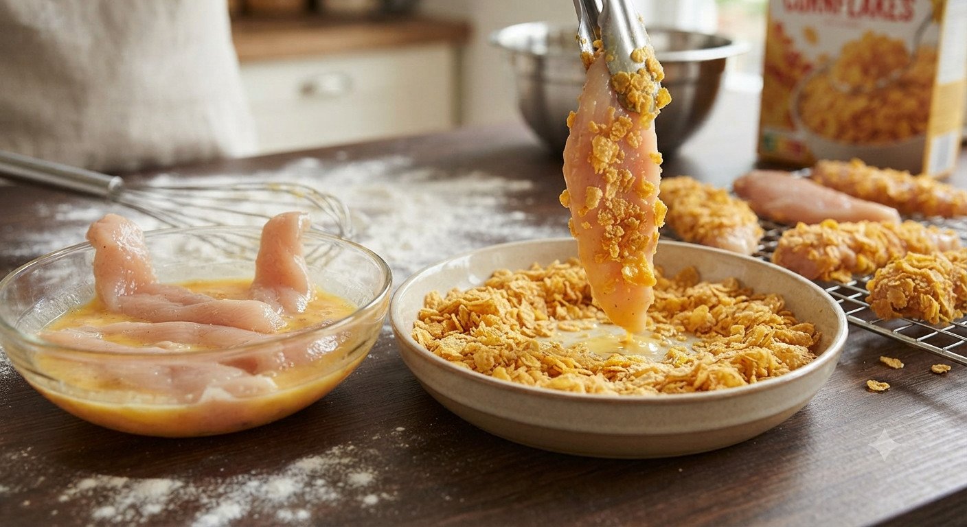Tiras de pollo rebozadas en cereales de maíz machacados