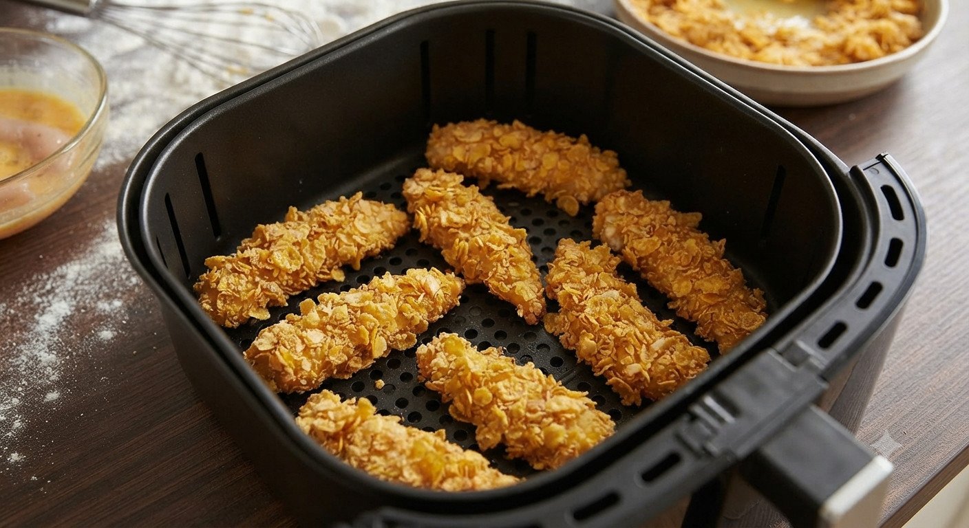 Tiras de pollo rebozadas en la cesta de la freidora de aire