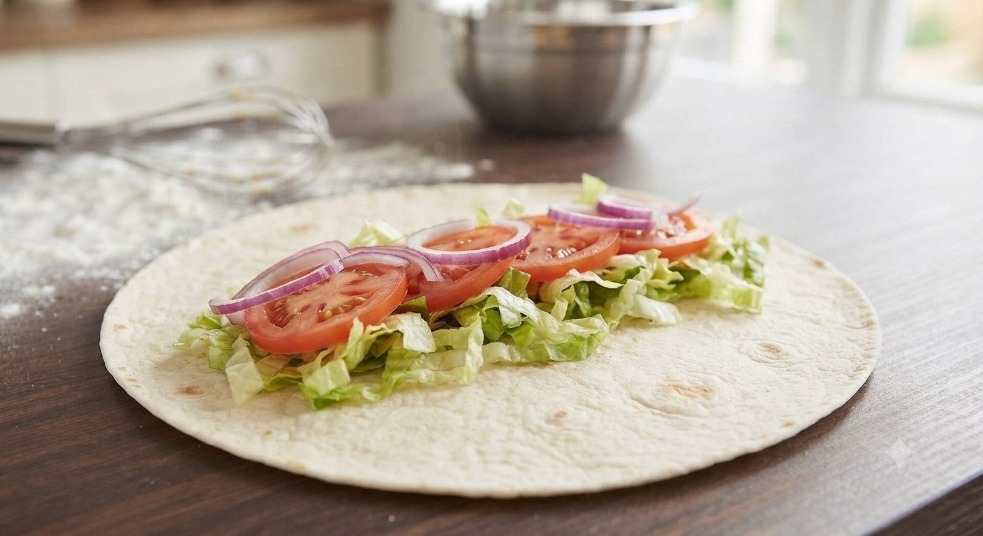 Tortilla con lechuga, tomate y cebolla morada repartidos