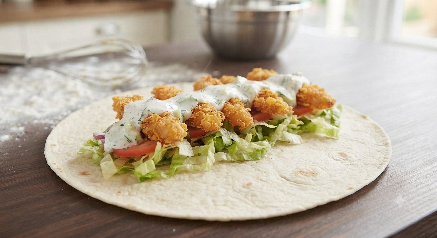 Tiras de pollo crujiente con salsa de yogur sobre la tortilla