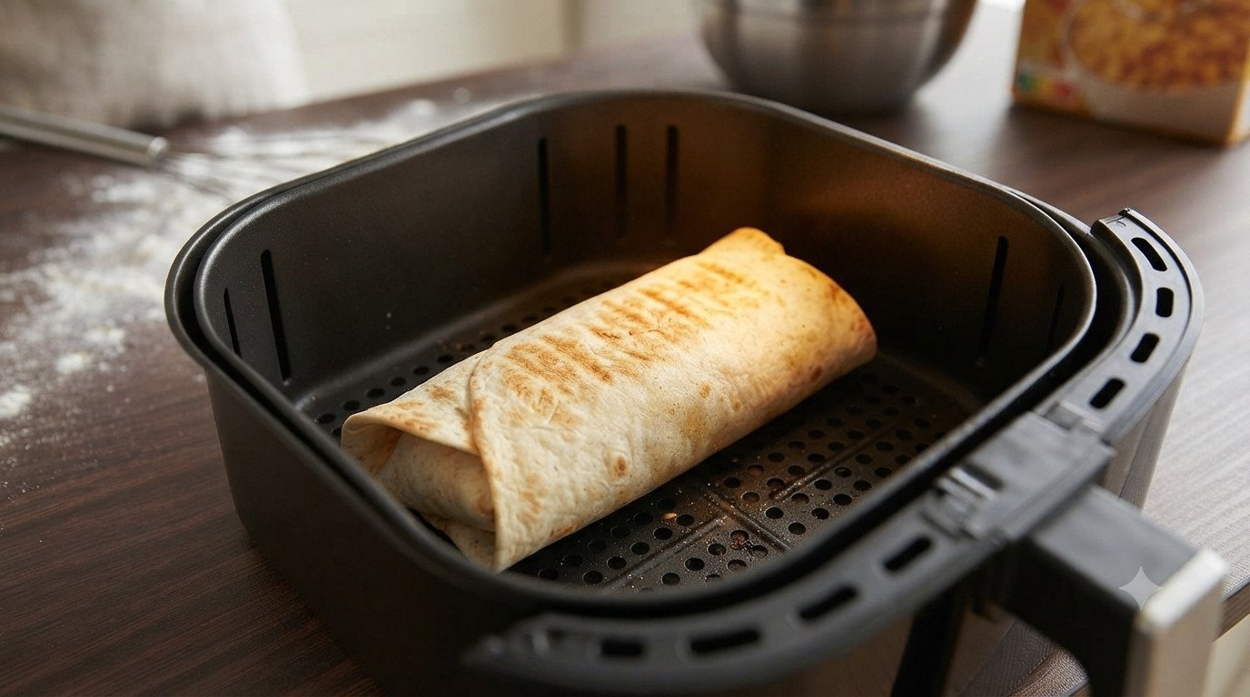 Wrap de pollo enrollado dorándose en la freidora de aire