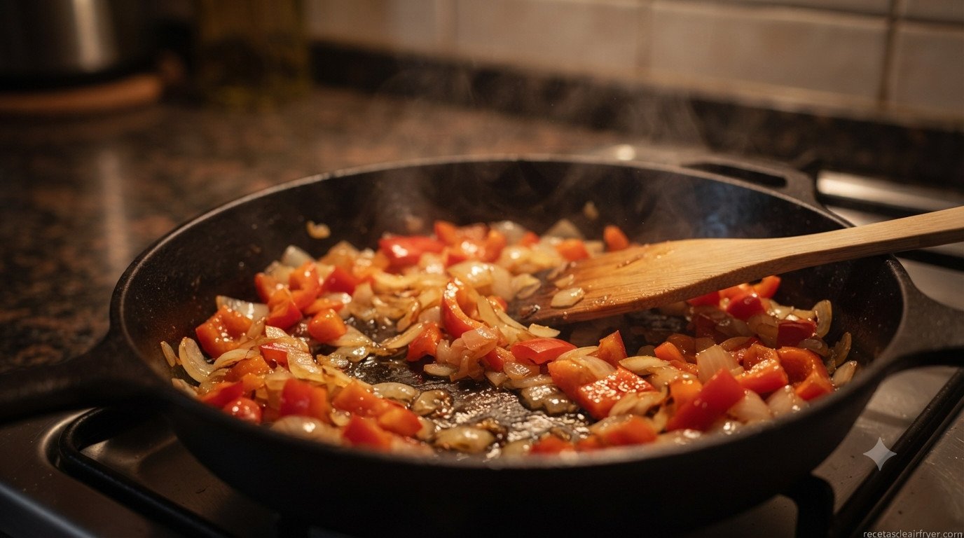 Pimiento y cebolla salteándose en una sartén