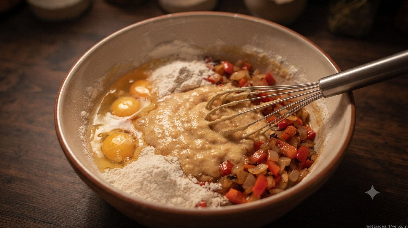Huevos, harina y verduras mezclándose en un bol