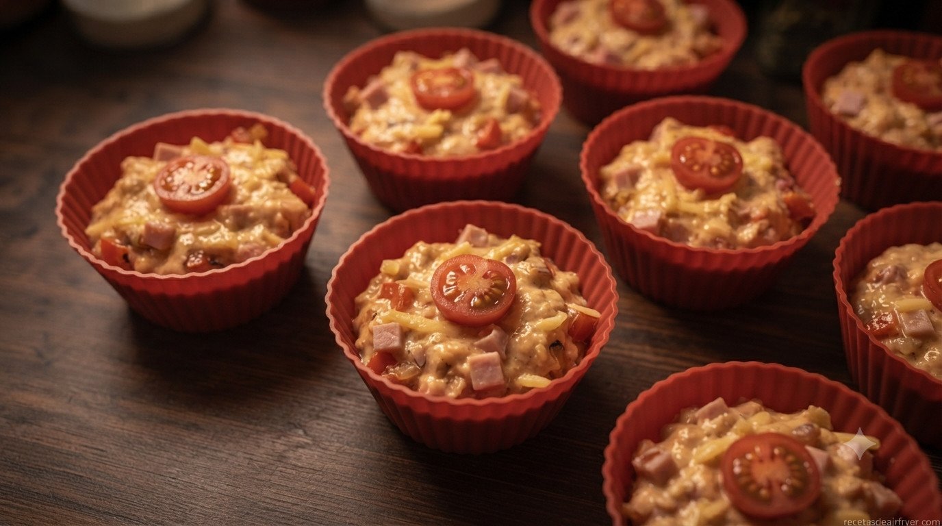 Moldes de silicona rellenos con la masa y tomate cherry